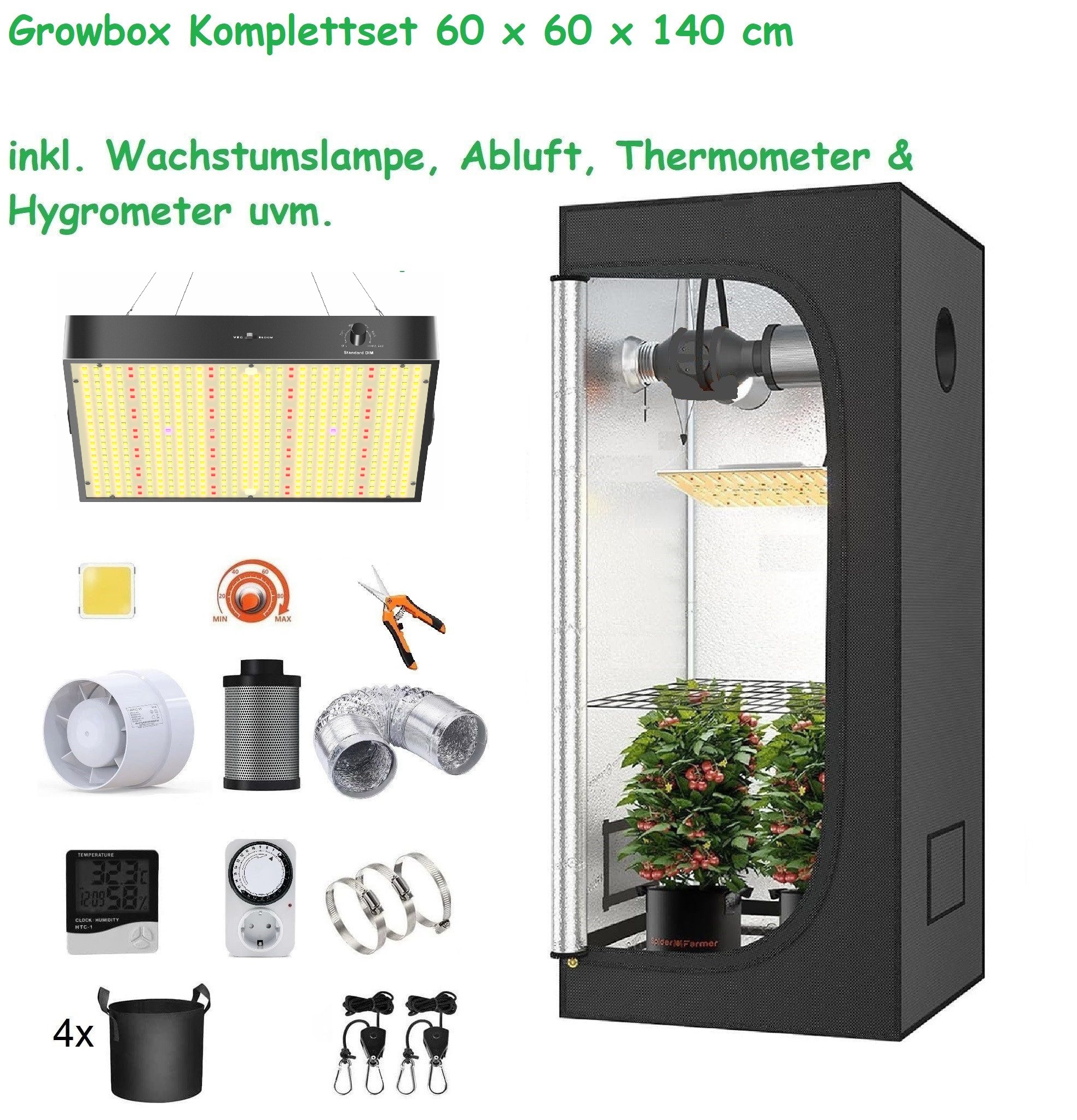 JUNG Growbox Komplettset mit LED Lampe, Anbau Pflanzen, BxTxH: 60x60x140cm, Gewächshaus Komplett Set Cannabis